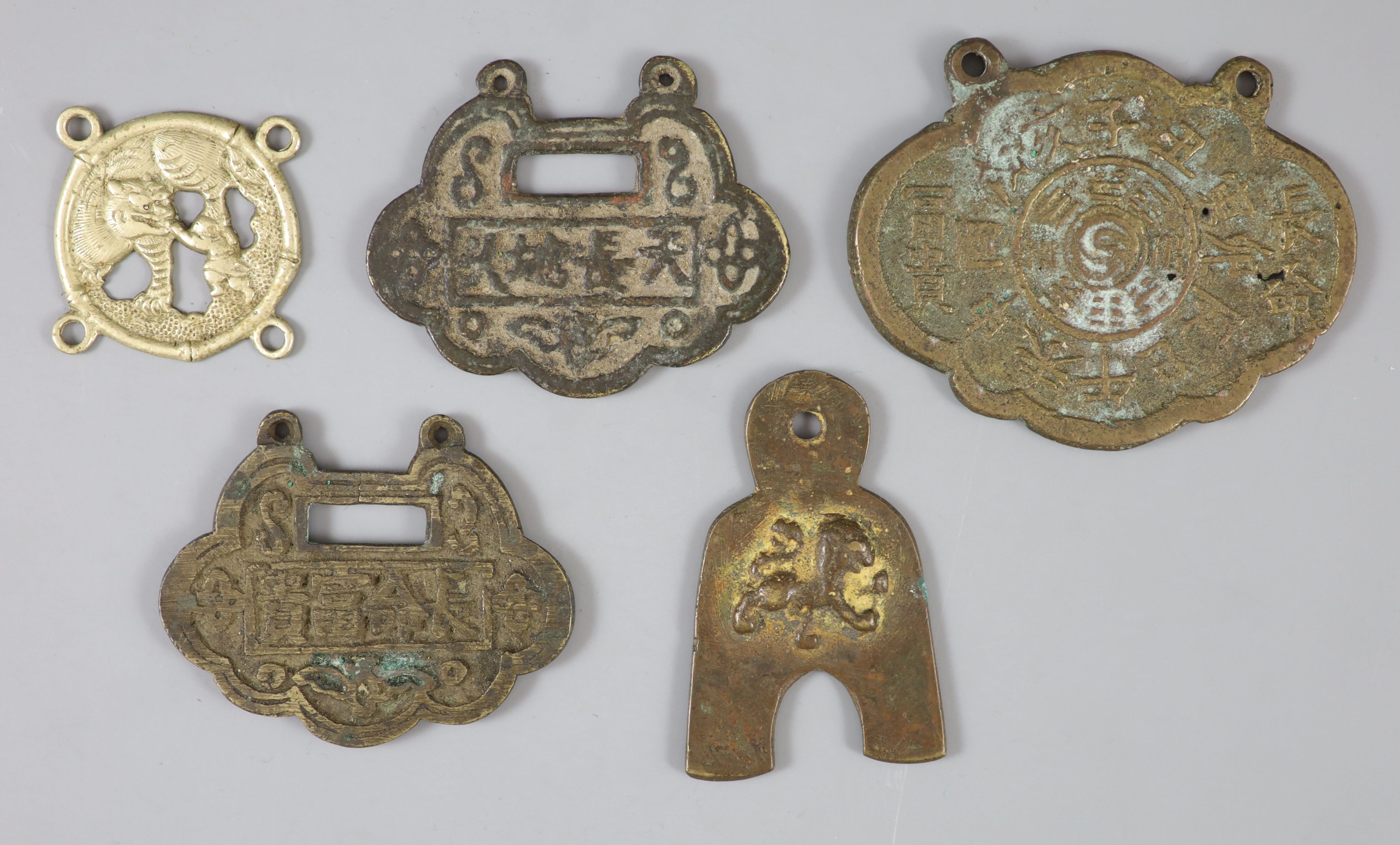 China, 5 bronze or brass charms or amulets, Qing dynasty-Republic period,